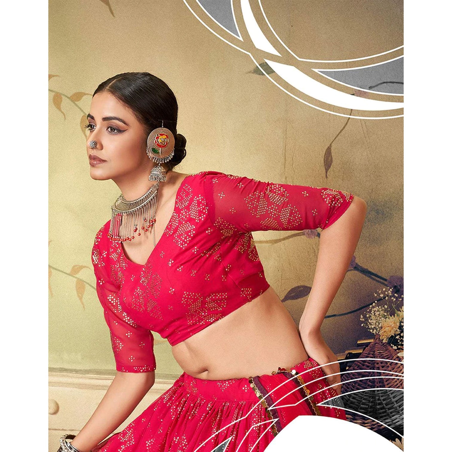 Red Ribbon Georgette Fabrics Lehenga choli