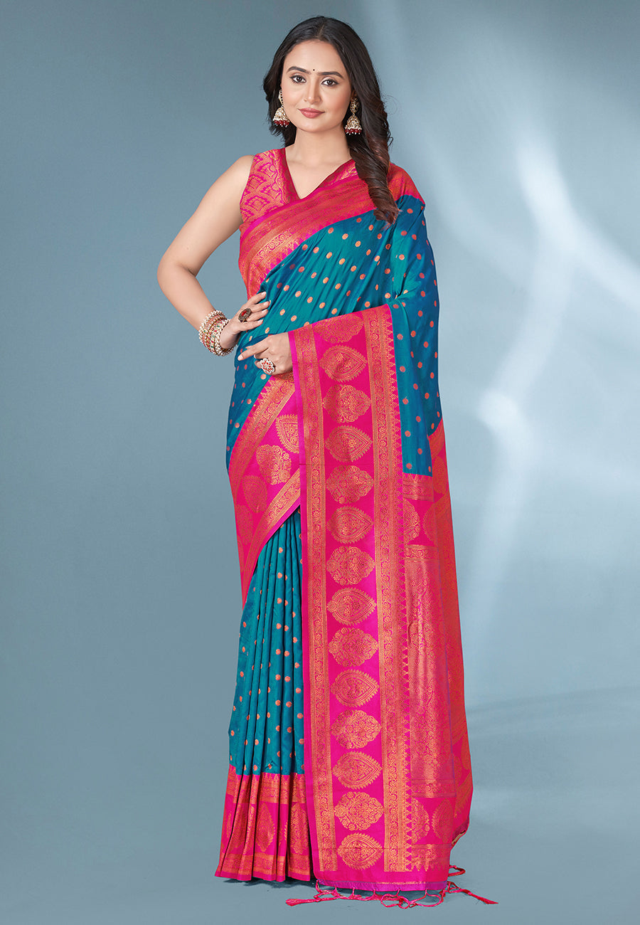 Cyan blue polka paithani silk contrast zari woven saree with unstitched blouse