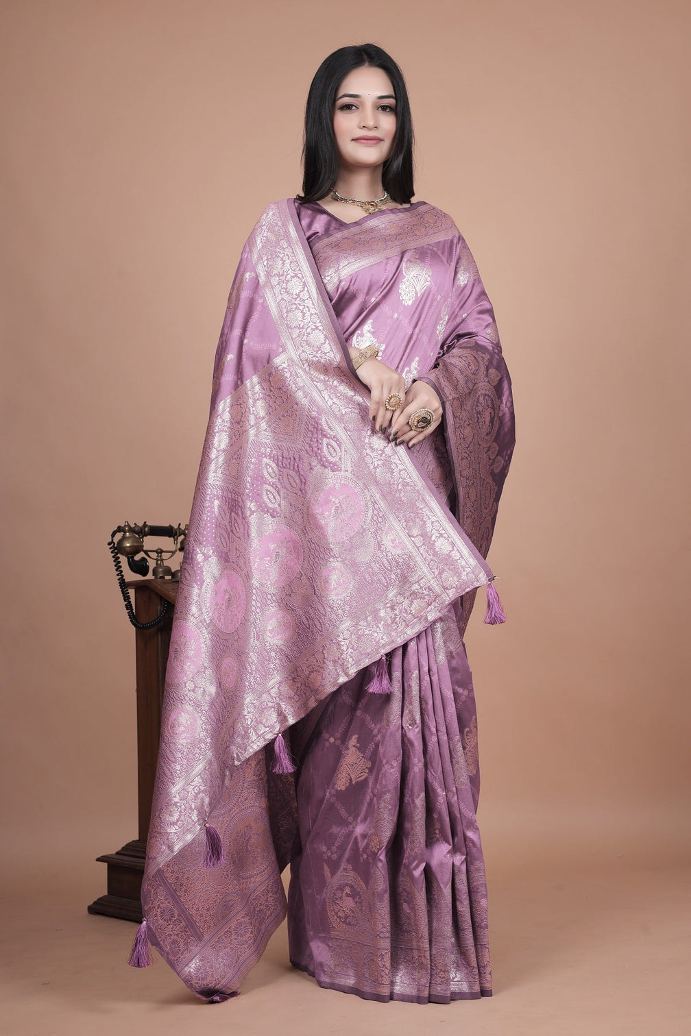 Traditional Purple Banarasi Silk Saree with Zari Work & Tassel Border