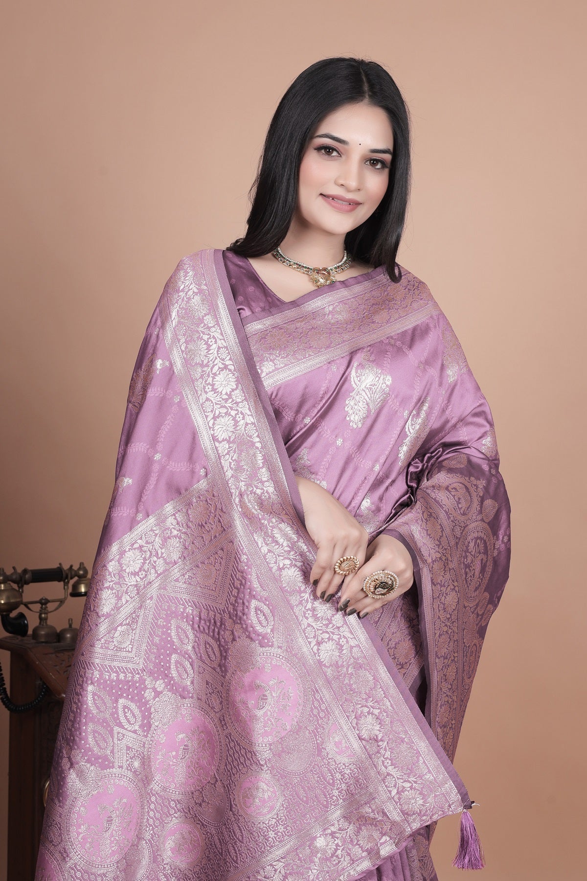 Traditional Purple Banarasi Silk Saree with Zari Work & Tassel Border