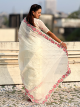 White Pure Crush Embroidered Saree with Multicolor Floral Motifs and Cutwork Border