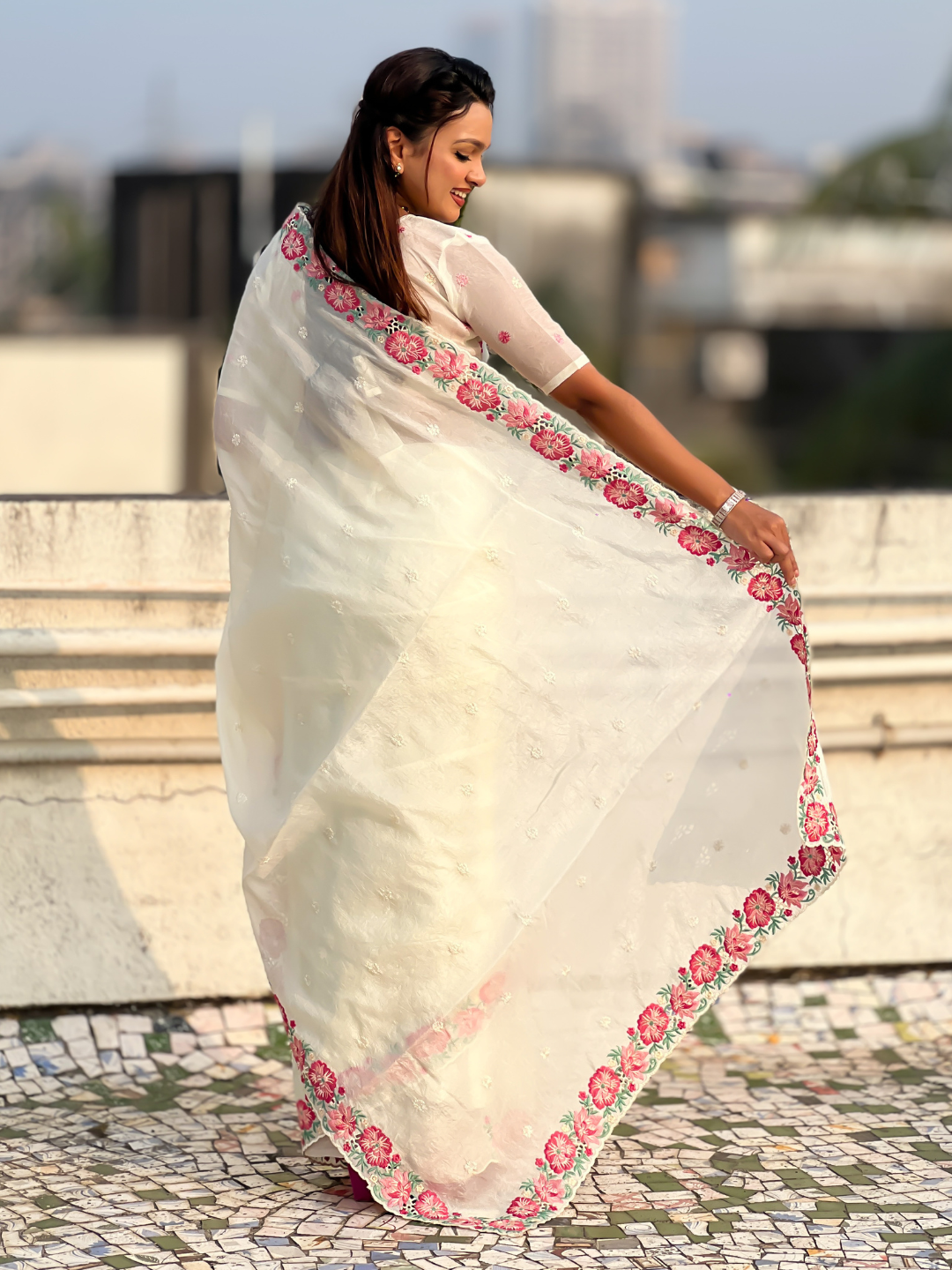 White Pure Crush Embroidered Saree with Multicolor Floral Motifs and Cutwork Border