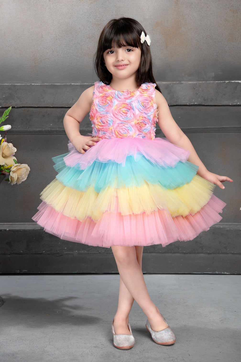 Girls Pastel Rainbow Layered Tulle Party Frock