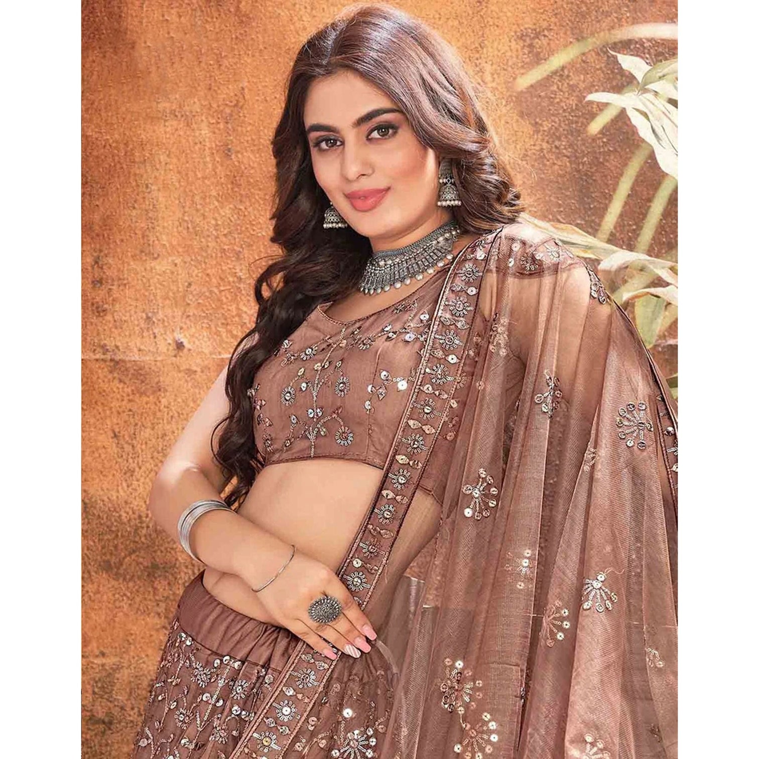 Dark Brown Thread and Sequence work Lehenga choli