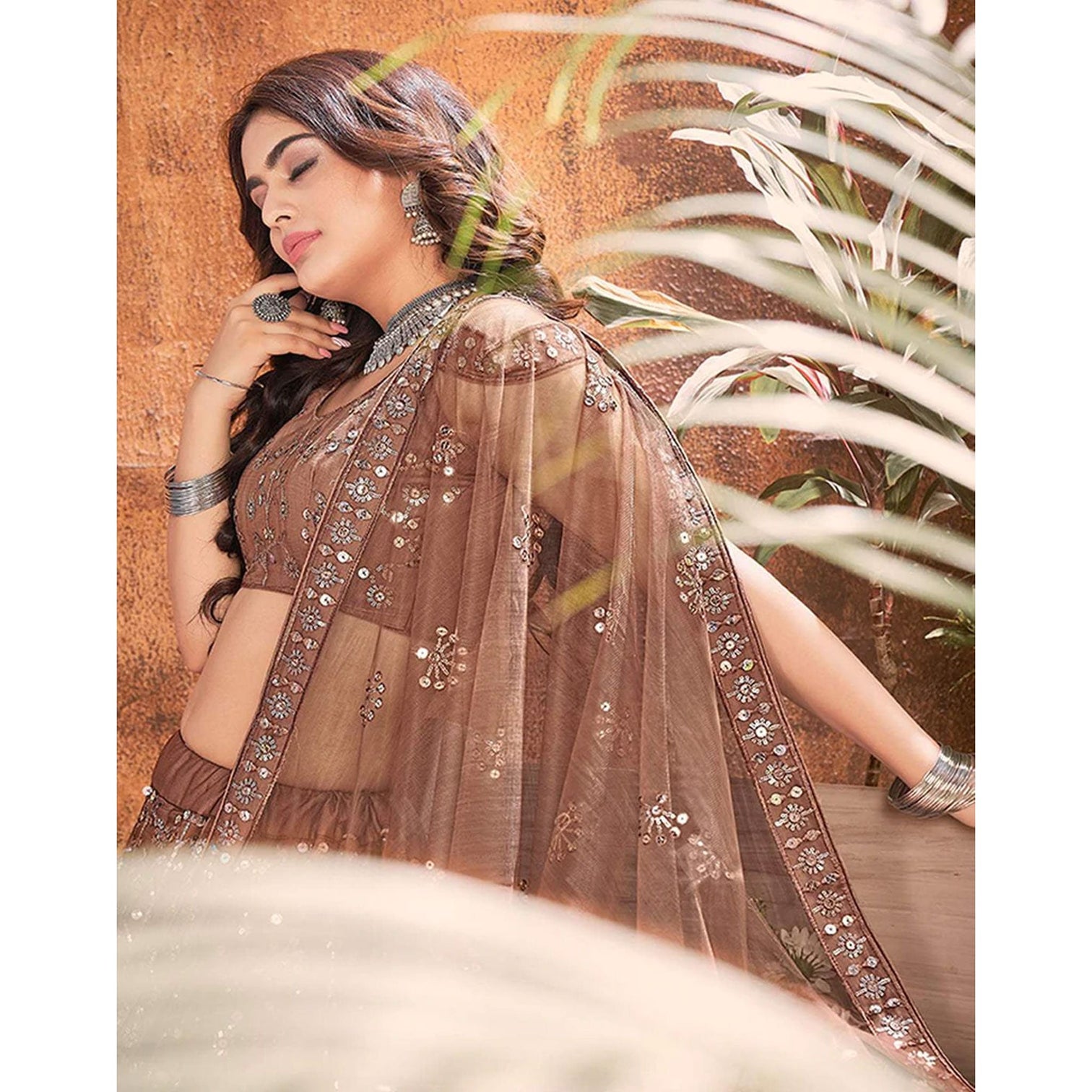 Dark Brown Thread and Sequence work Lehenga choli