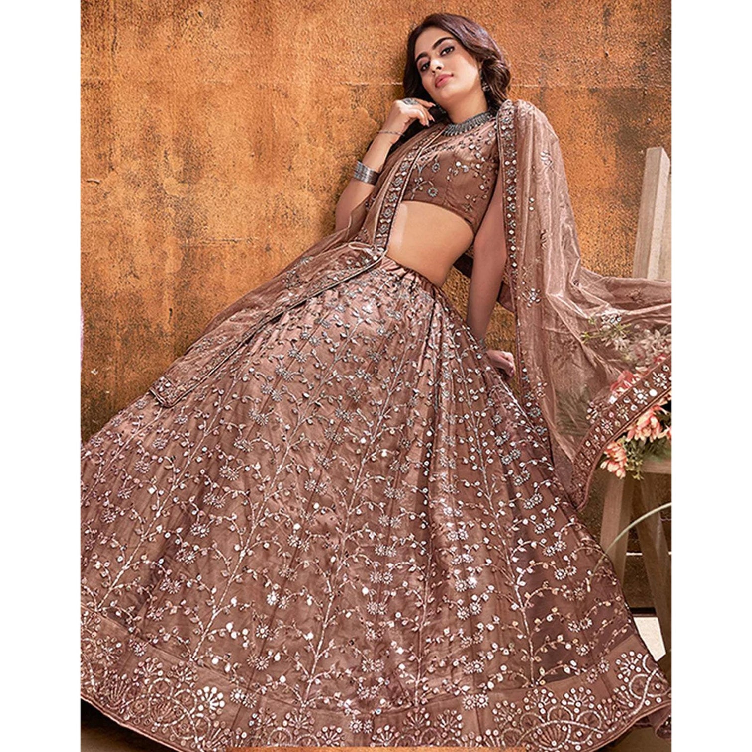 Dark Brown Thread and Sequence work Lehenga choli