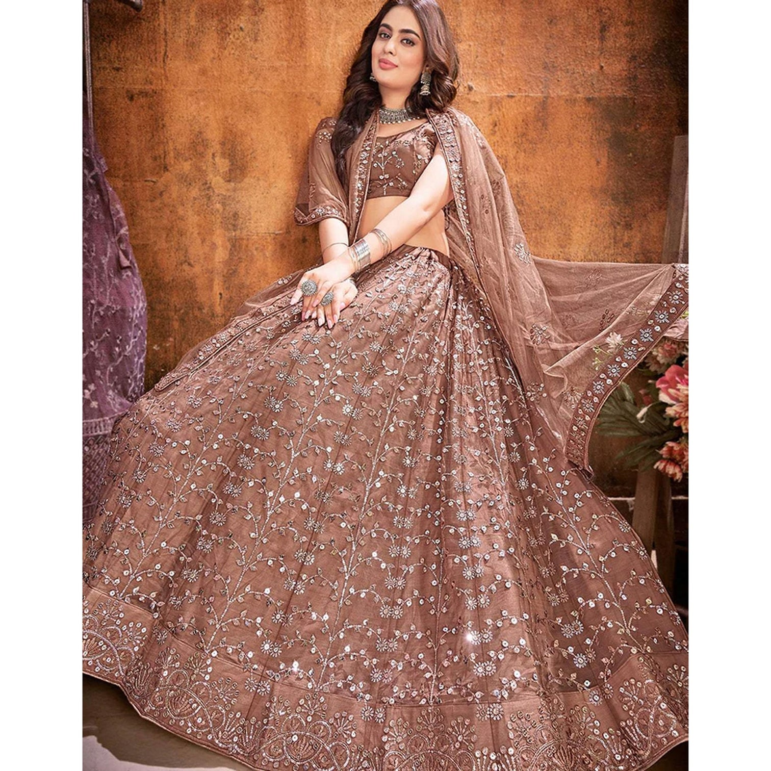 Dark Brown Thread and Sequence work Lehenga choli