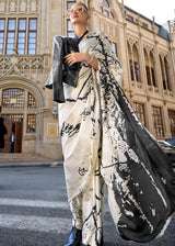Parchment White Designer Satin Crepe Printed Saree