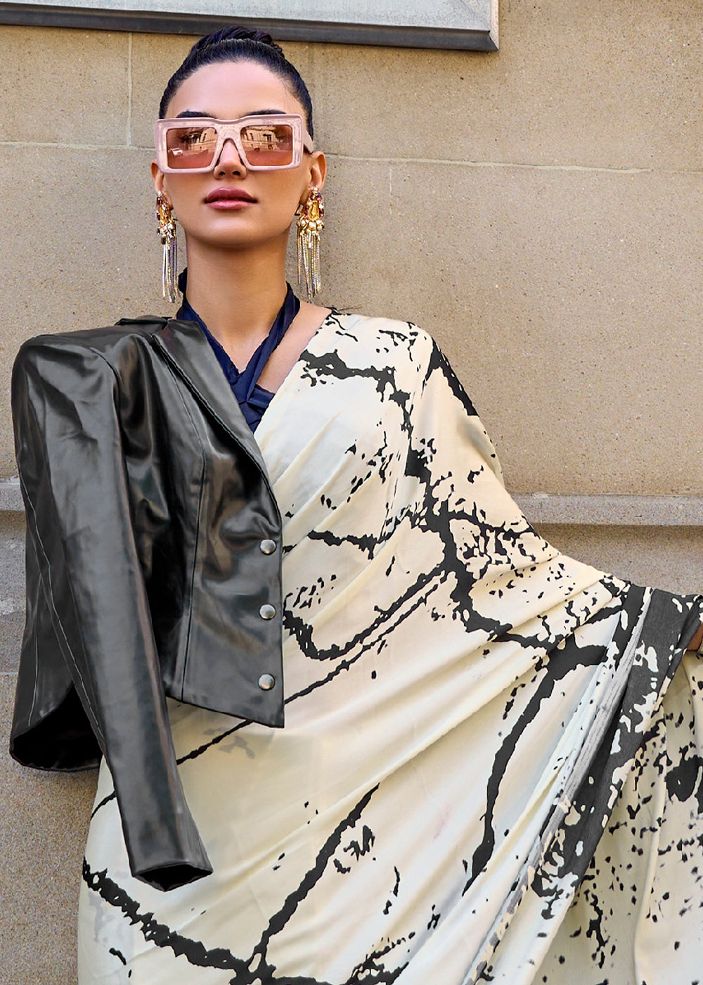 Parchment White Designer Satin Crepe Printed Saree