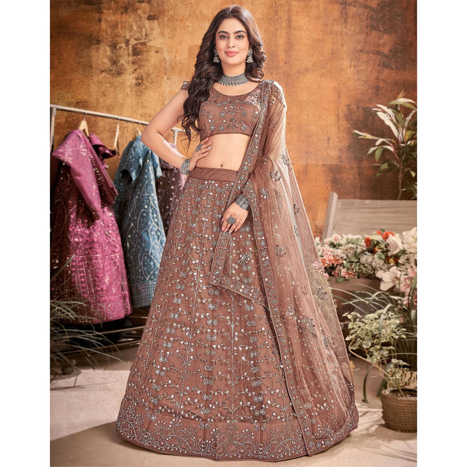 Dark Brown Thread and Sequence work Lehenga choli