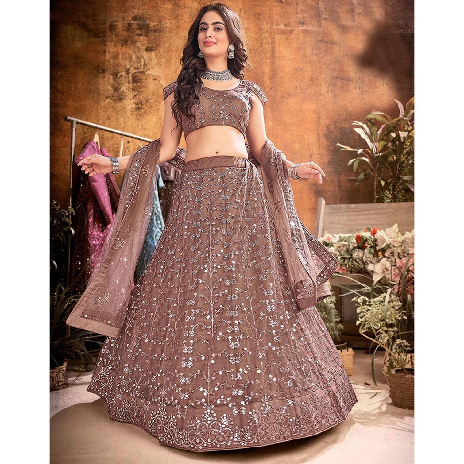 Dark Brown Thread and Sequence work Lehenga choli