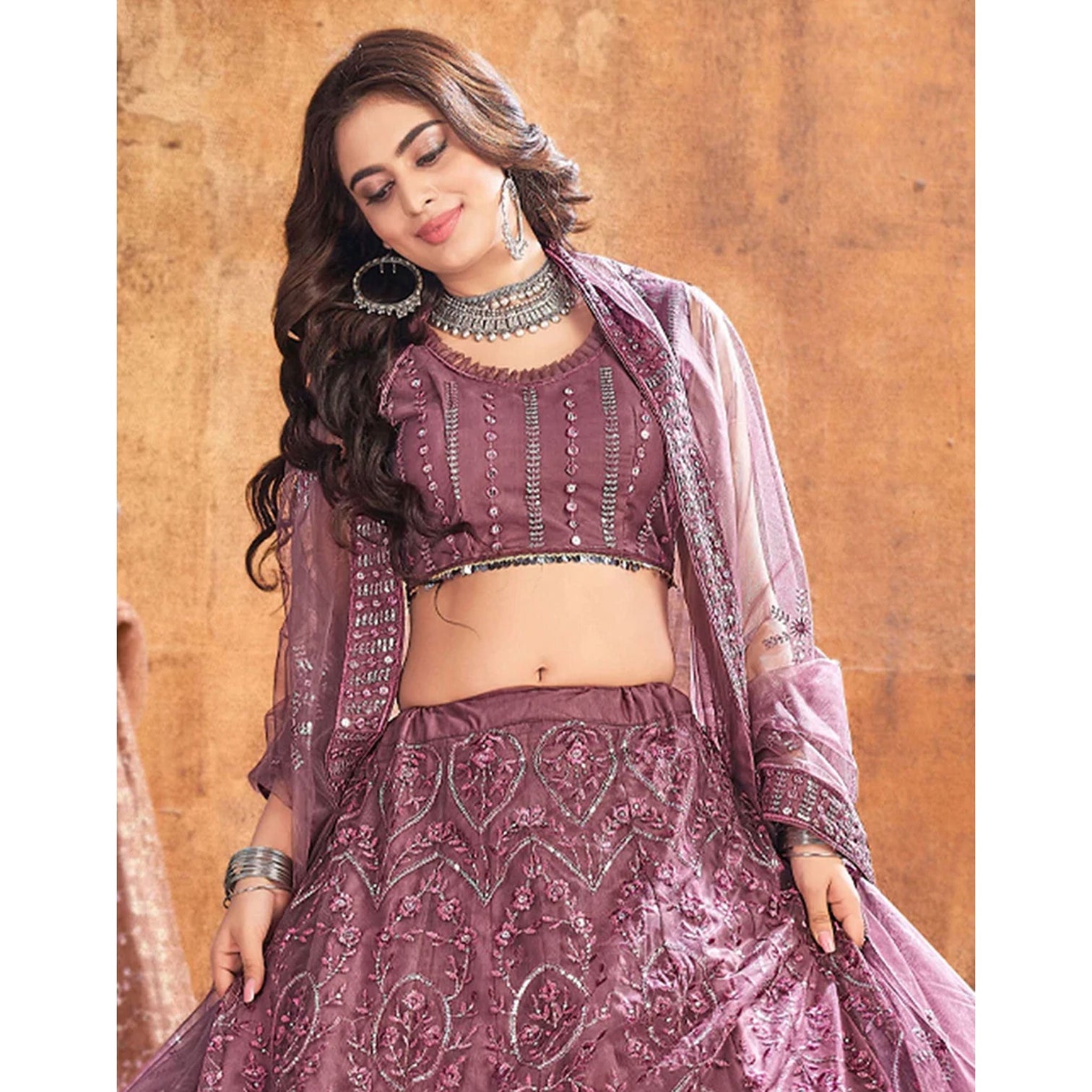 Peach pink Thread and Sequence work Lehenga choli