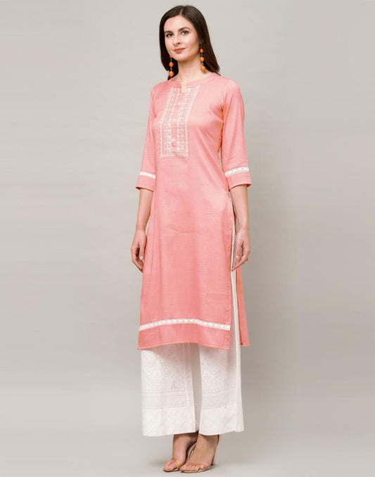 Valiant  Peach Coloured Embroidered Patch Cotton Kurti