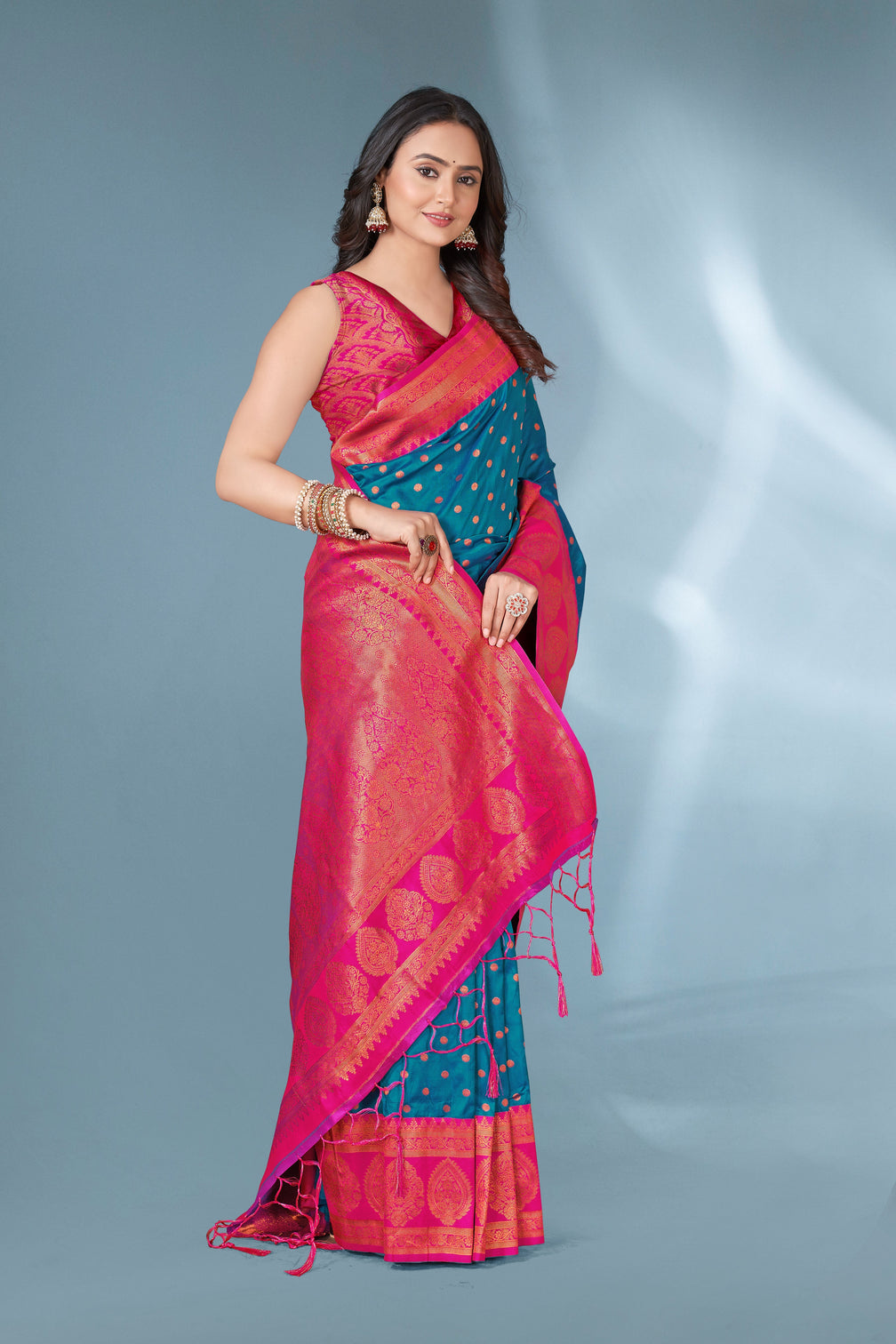Cyan blue polka paithani silk contrast zari woven saree with unstitched blouse