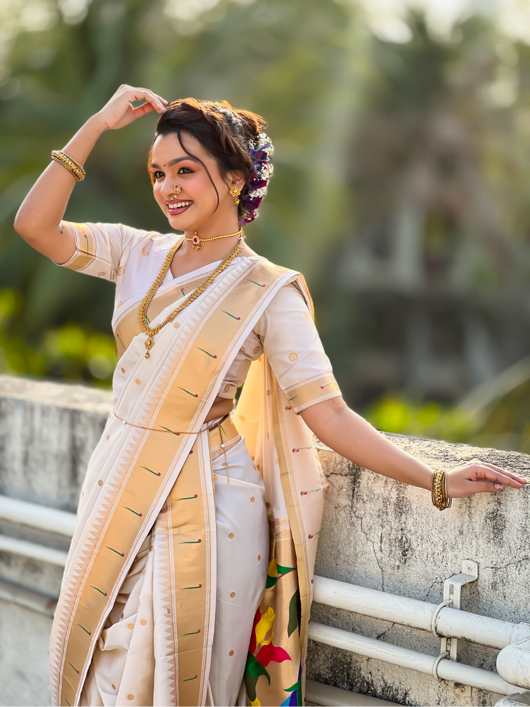 White wedding special nauvari paithani soft silk saree with zari woven polka motifs and peacock pallu