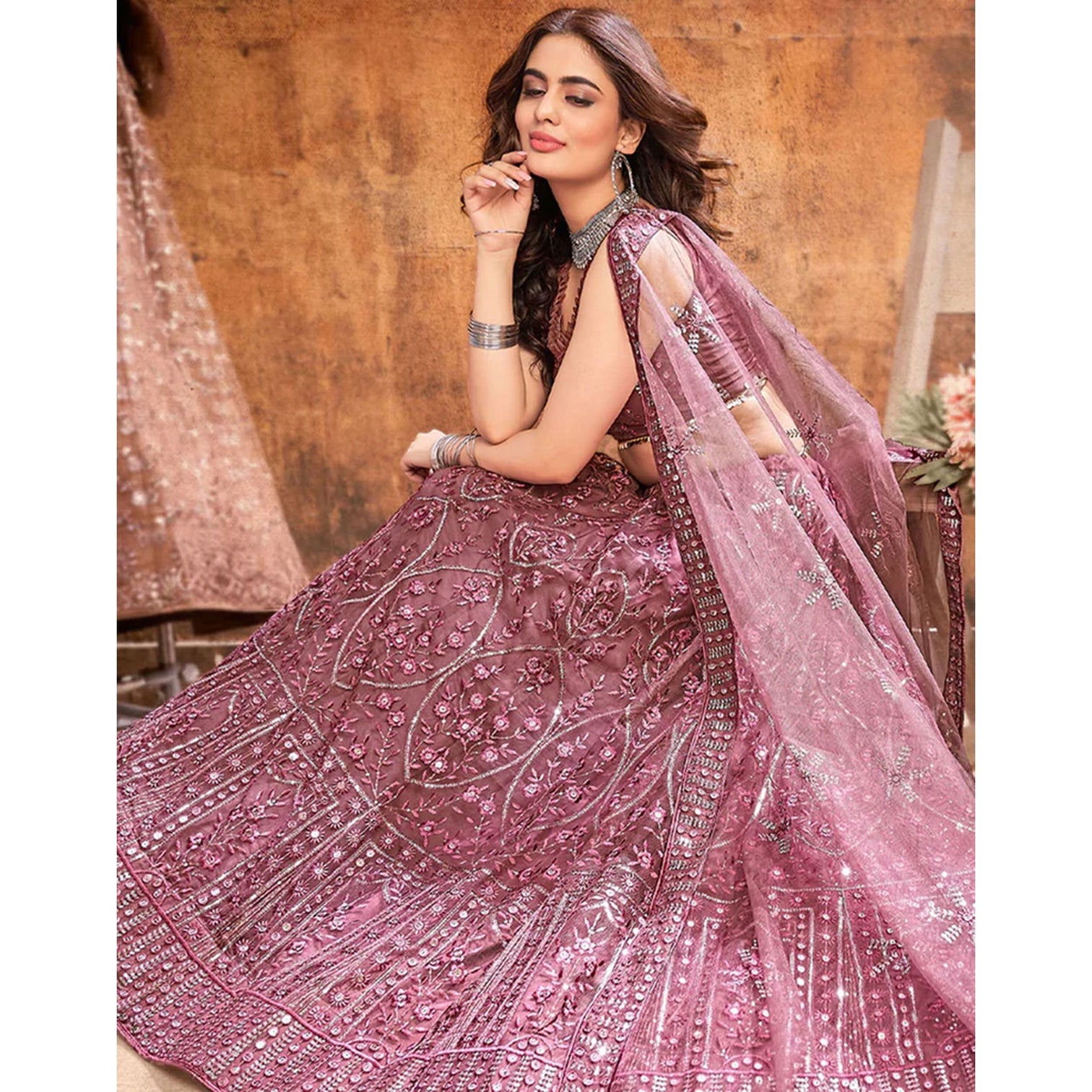 Peach pink Thread and Sequence work Lehenga choli