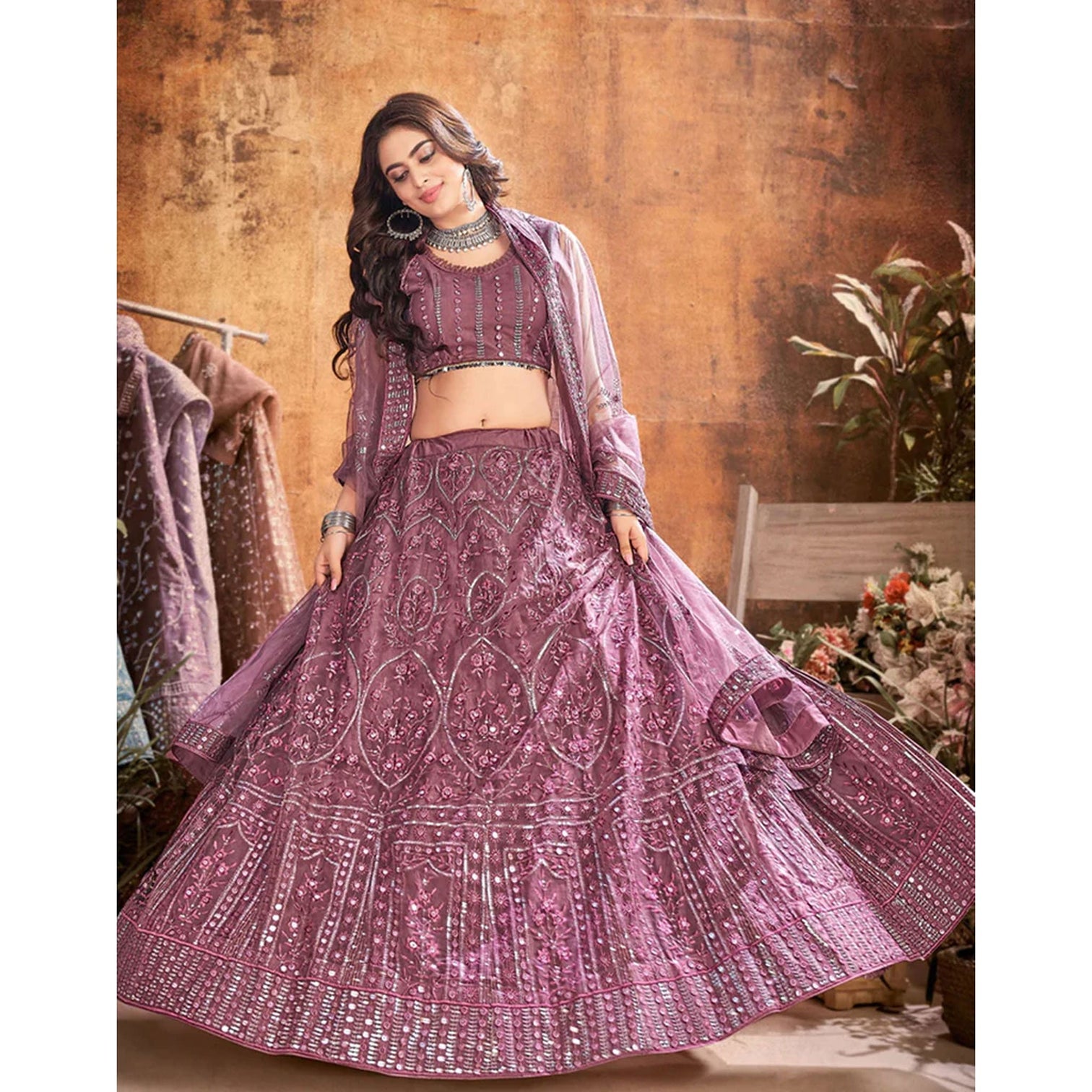 Peach pink Thread and Sequence work Lehenga choli