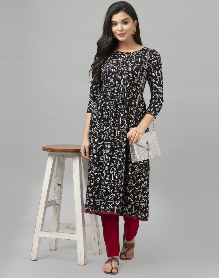 Sparkling Black Coloured Printed Rayon Kurti