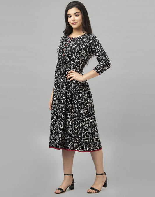 Sparkling Black Coloured Printed Rayon Kurti