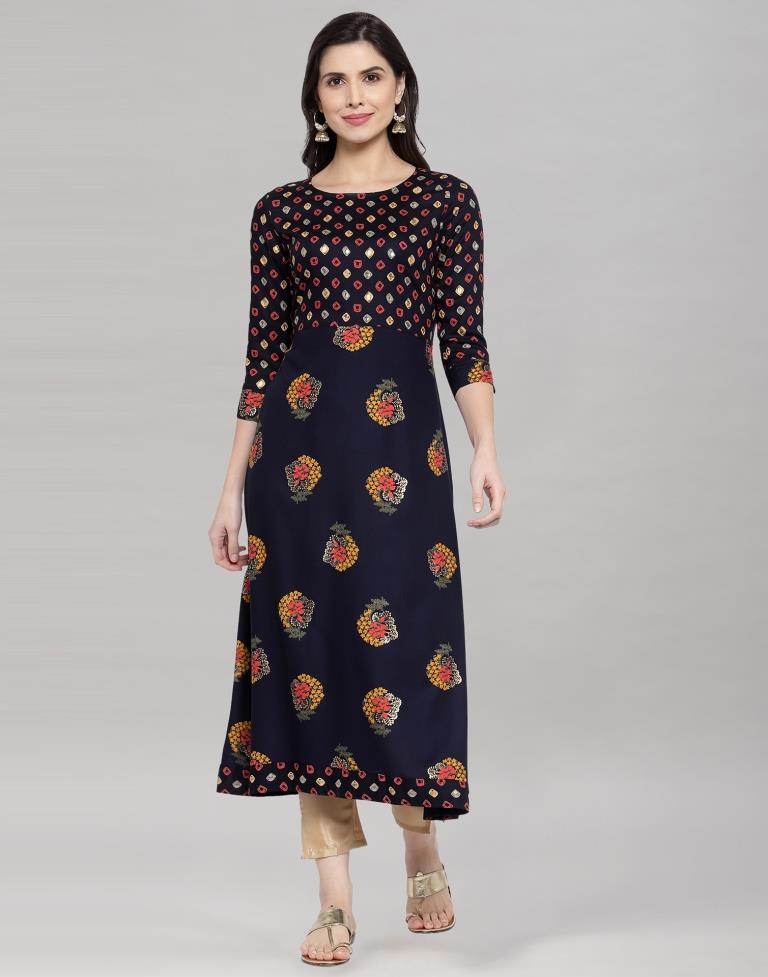 Nevy Blue Foil Printed Rayon Kurti