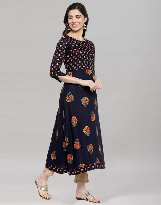 Nevy Blue Foil Printed Rayon Kurti