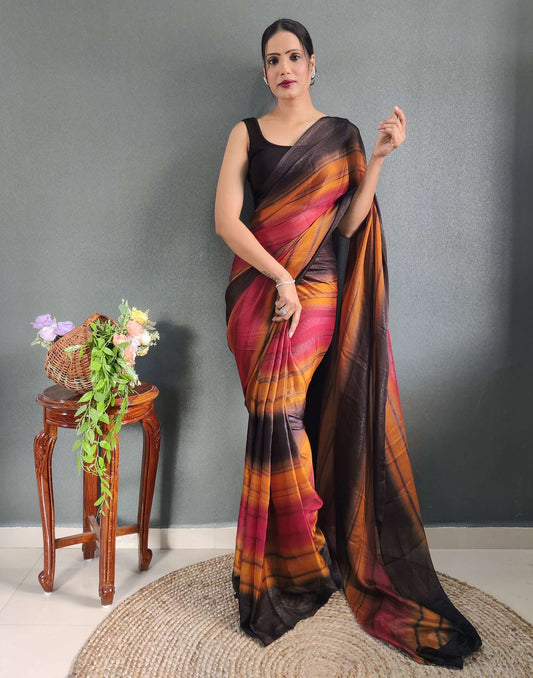 Yellow Printed Georgette Pre-draped Saree