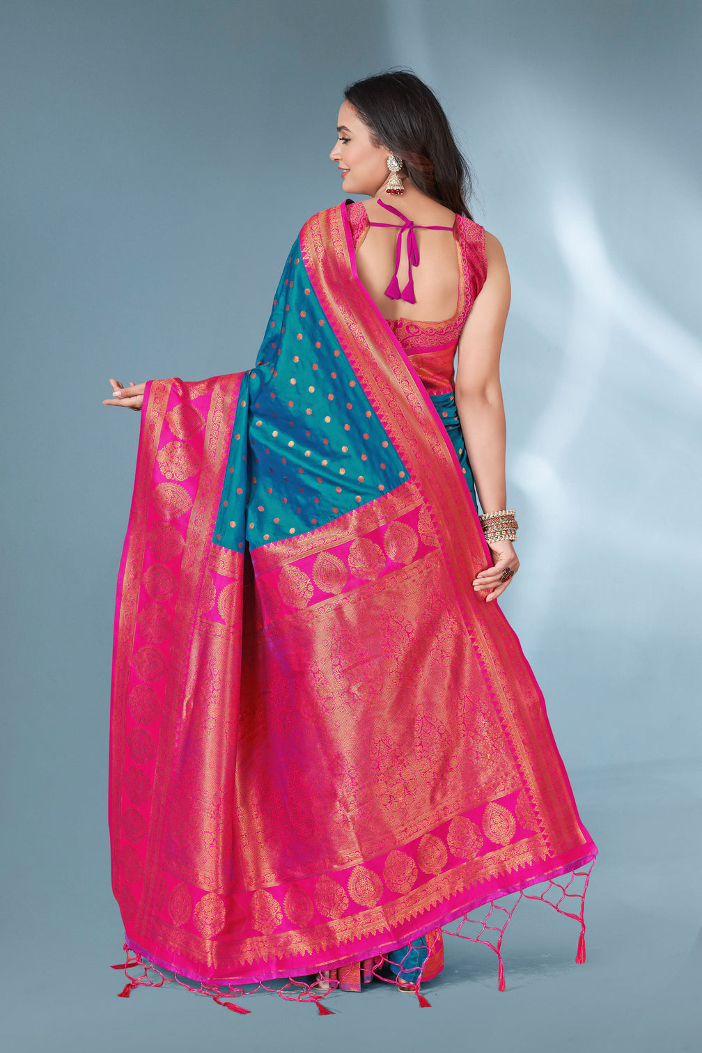 Cyan blue polka paithani silk contrast zari woven saree with unstitched blouse