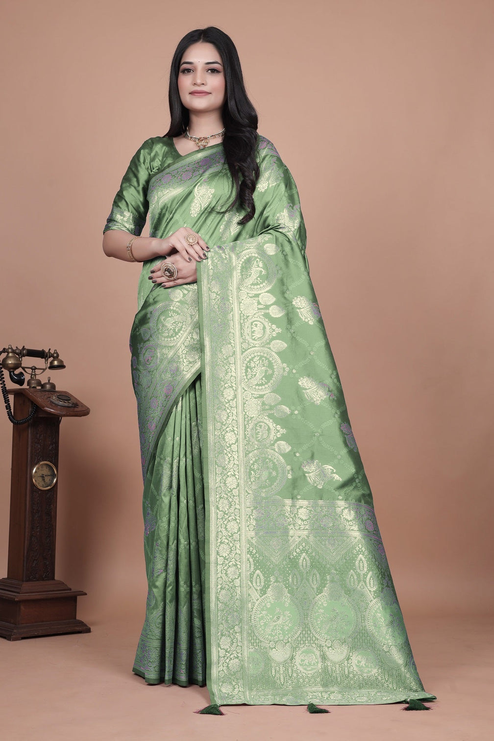 Classic Green Banarasi Silk Saree with Detailed Golden Zari Work for Festive Occasions