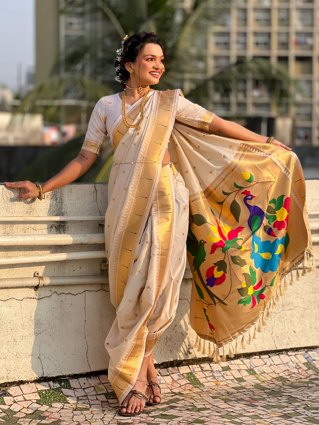 White wedding special nauvari paithani soft silk saree with zari woven polka motifs and peacock pallu