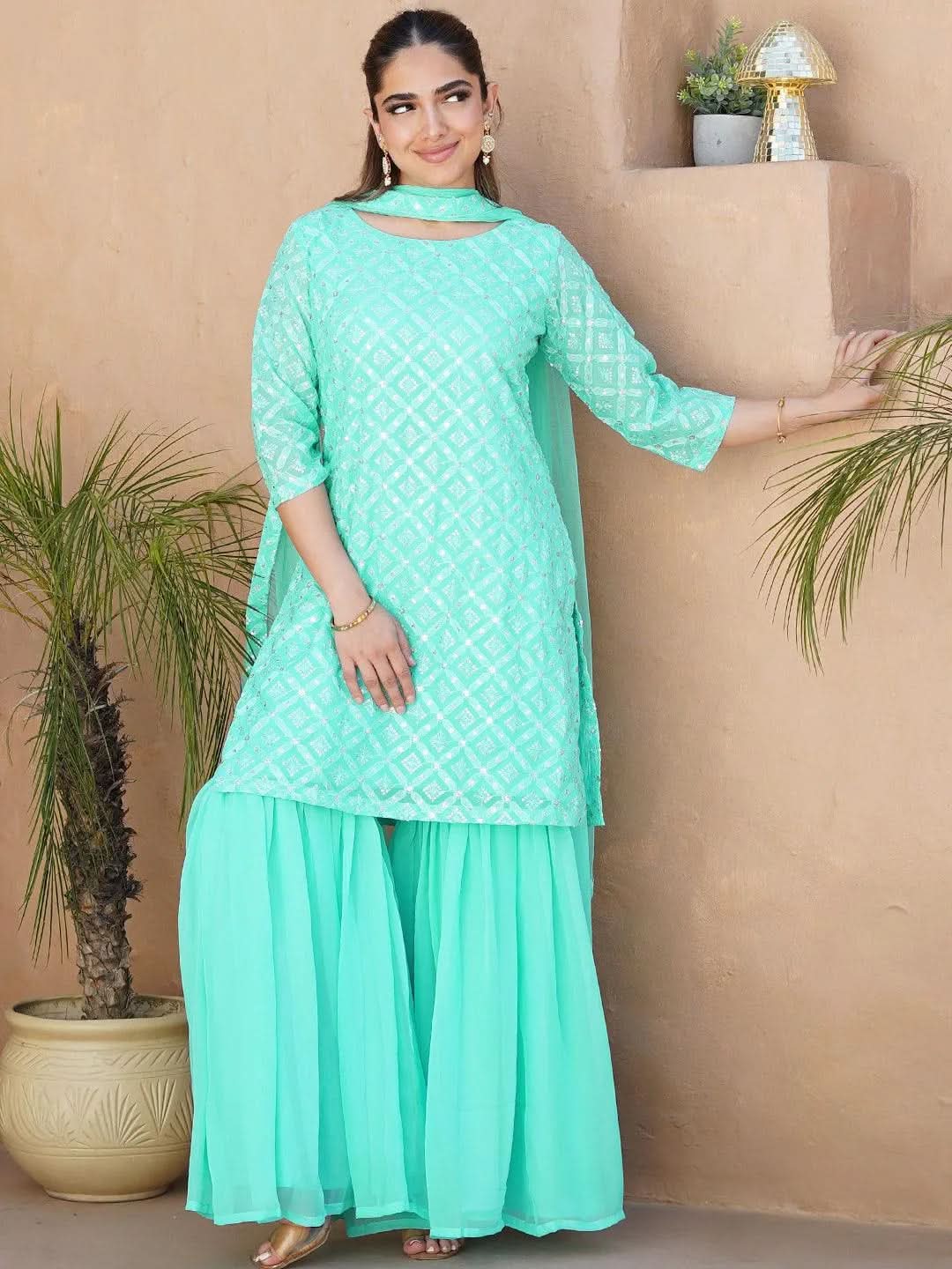 Mameraa Sea Green Embroidered Georgette Straight Sharara Suit Set With Dupatta