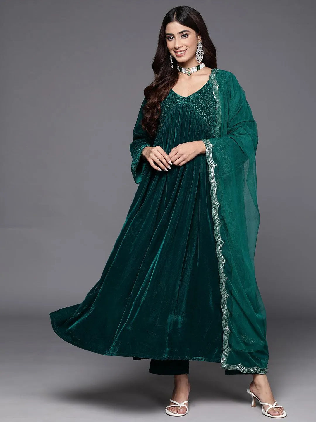 Libas Green Embroidered Velvet A-Line Kurta With Trousers & Dupatta