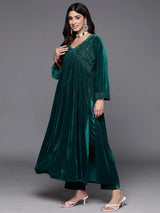 Libas Green Embroidered Velvet A-Line Kurta With Trousers & Dupatta
