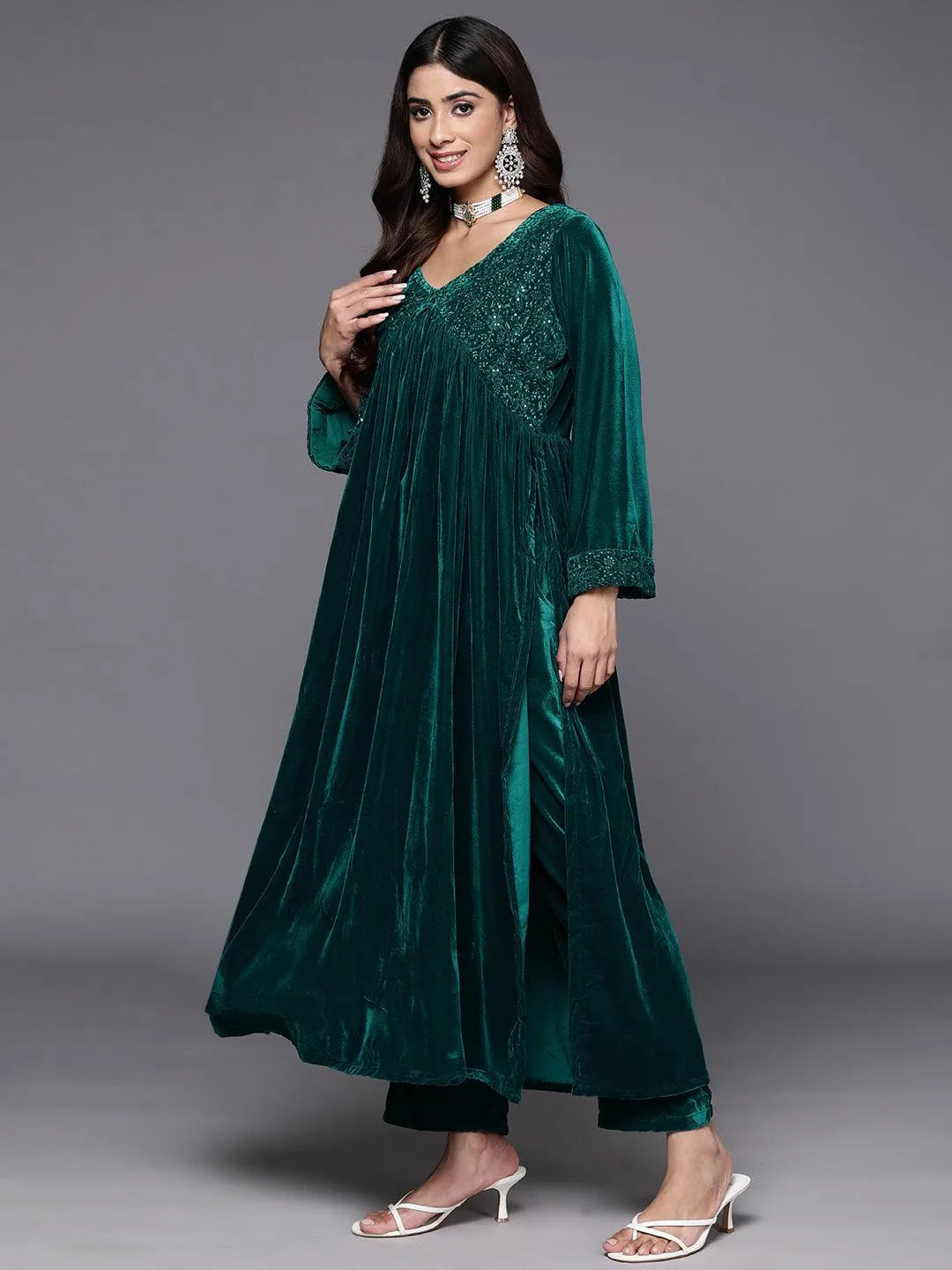 Libas Green Embroidered Velvet A-Line Kurta With Trousers & Dupatta
