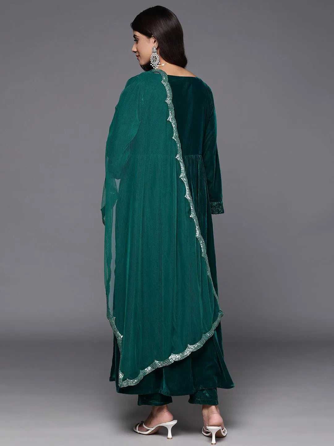 Libas Green Embroidered Velvet A-Line Kurta With Trousers & Dupatta