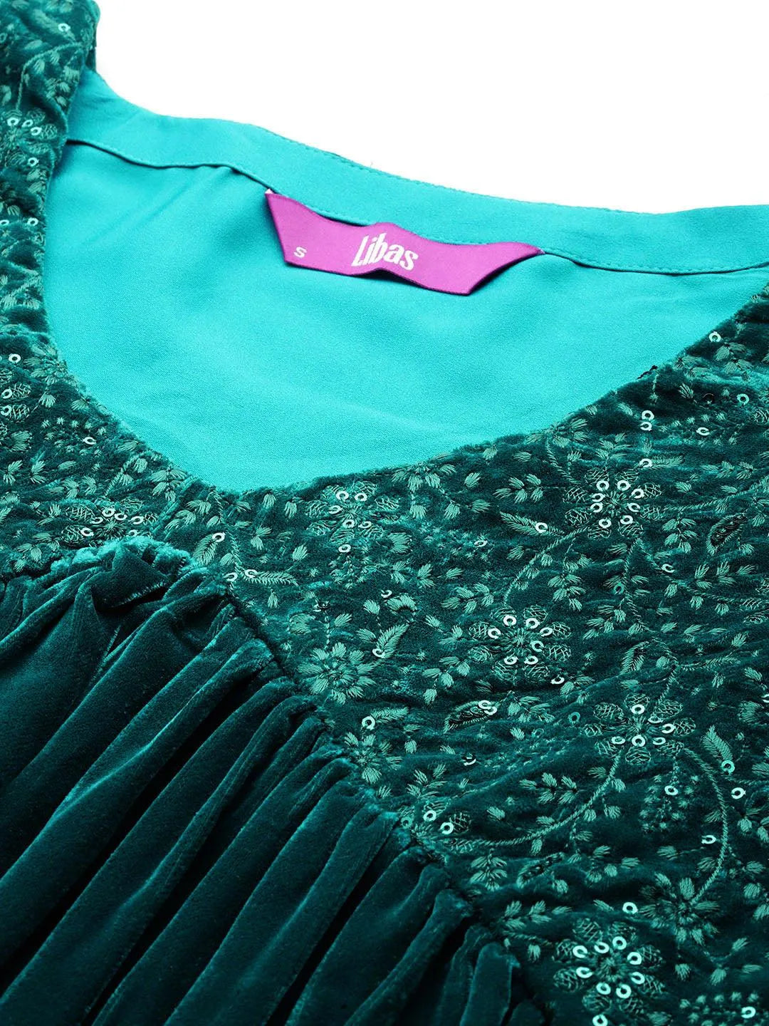 Libas Green Embroidered Velvet A-Line Kurta With Trousers & Dupatta