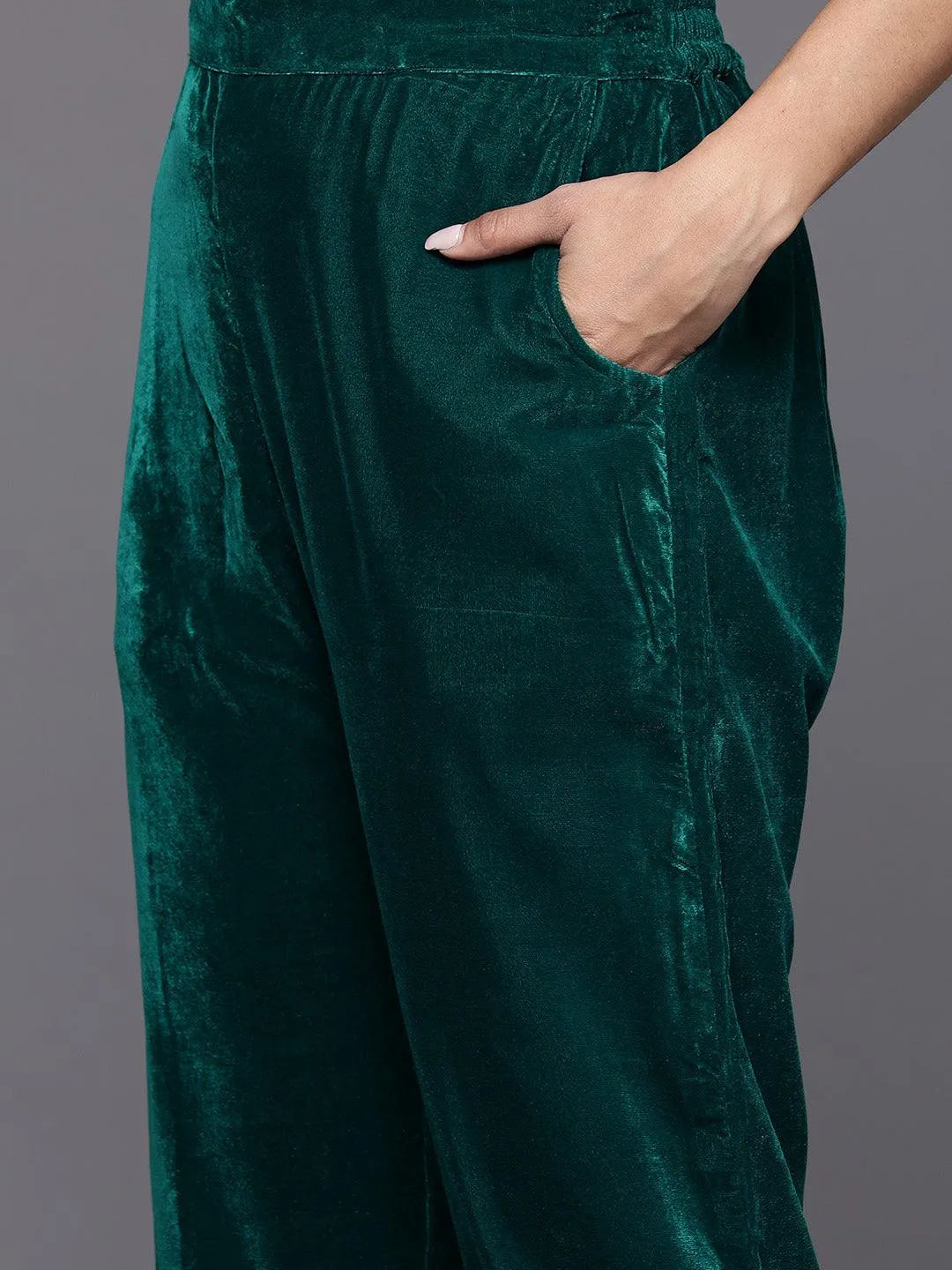 Libas Green Embroidered Velvet A-Line Kurta With Trousers & Dupatta
