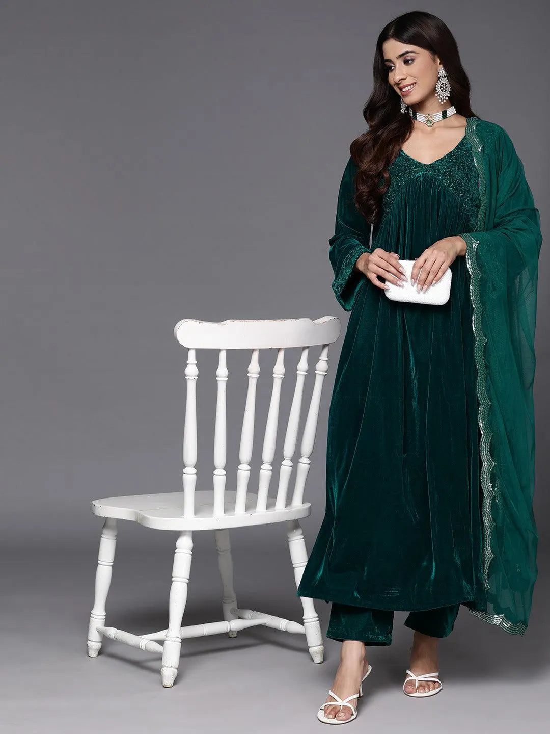 Libas Green Embroidered Velvet A-Line Kurta With Trousers & Dupatta