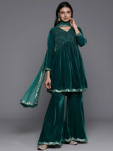 Libas Blue Embroidered Velvet A-Line Kurti With Sharara & Dupatta