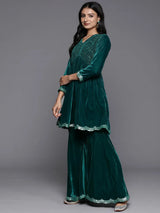 Libas Blue Embroidered Velvet A-Line Kurti With Sharara & Dupatta