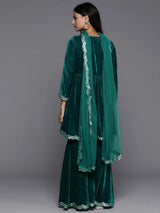Libas Blue Embroidered Velvet A-Line Kurti With Sharara & Dupatta