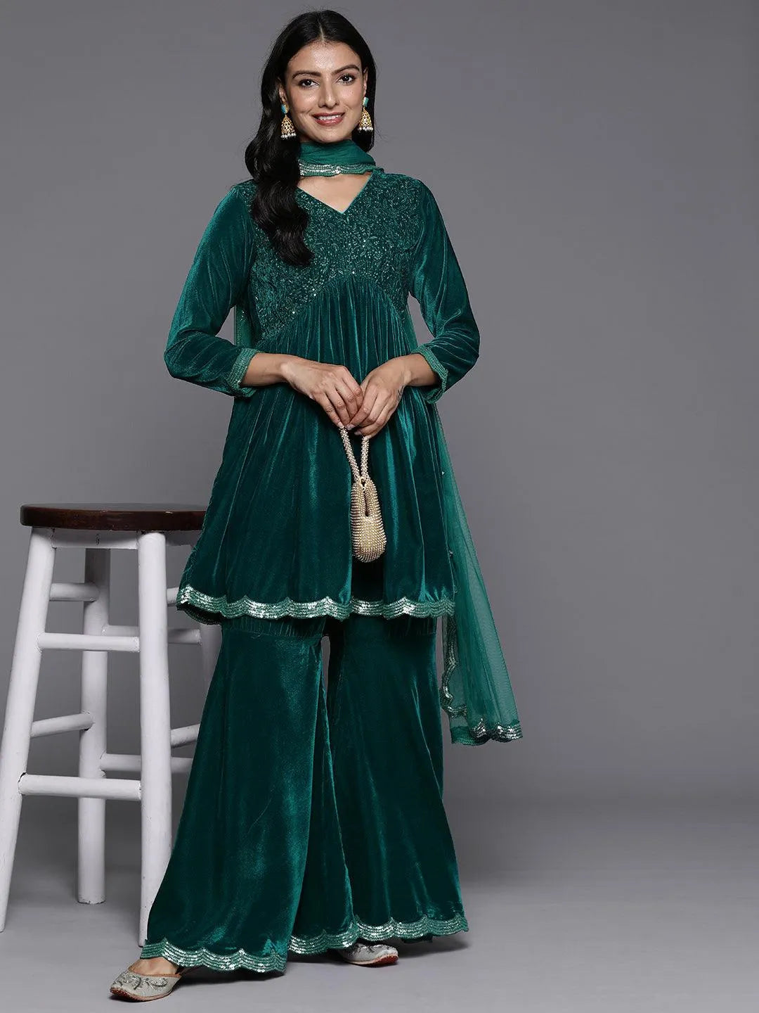 Libas Blue Embroidered Velvet A-Line Kurti With Sharara & Dupatta