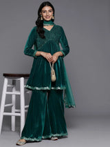 Libas Blue Embroidered Velvet A-Line Kurti With Sharara & Dupatta