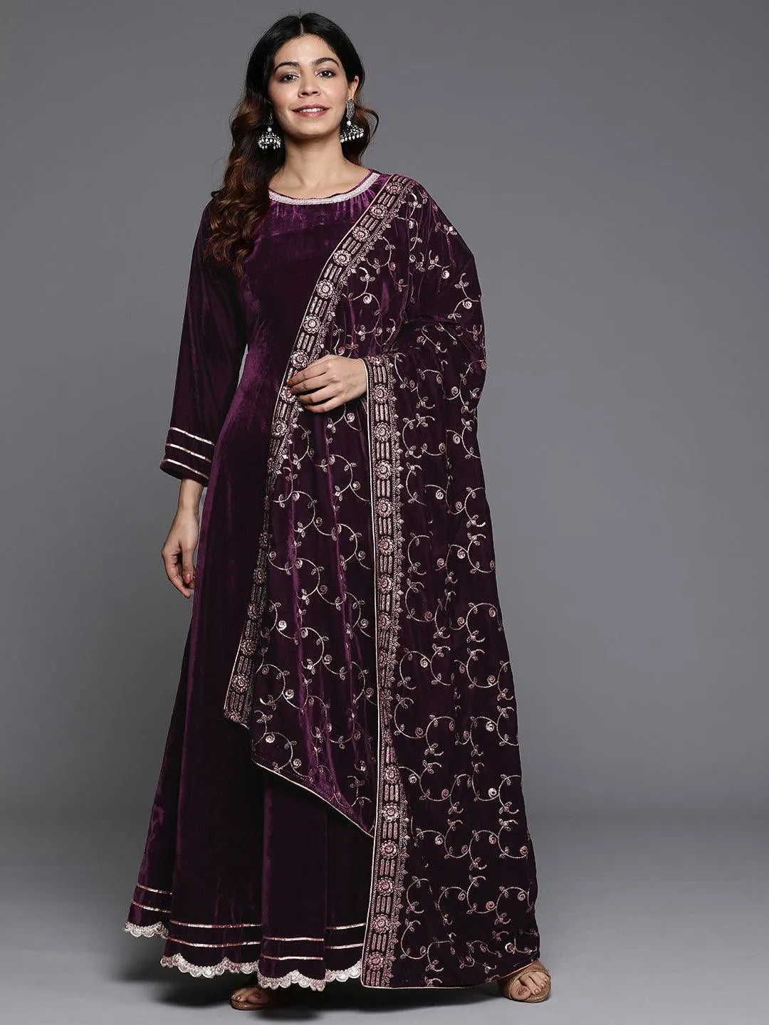 Libas Wine Solid Velvet Anarkali Suit With Dupatta