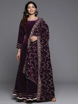 Libas Wine Solid Velvet Anarkali Suit With Dupatta