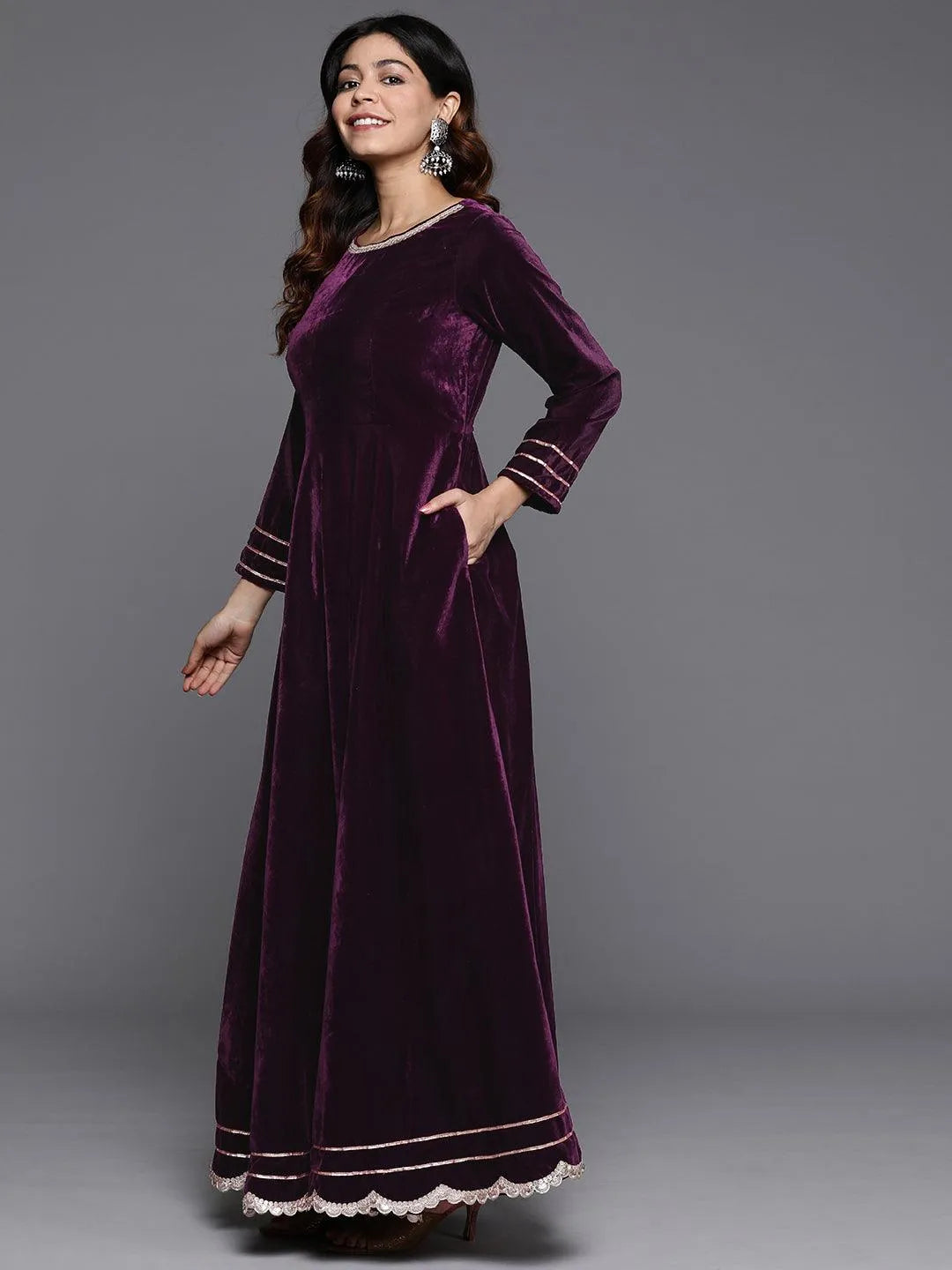 Libas Wine Solid Velvet Anarkali Suit With Dupatta