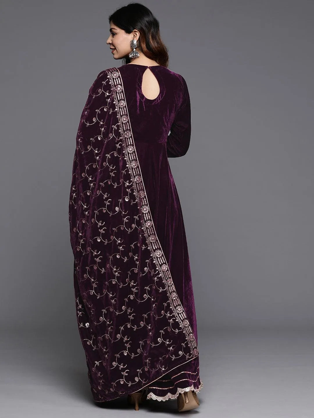 Libas Wine Solid Velvet Anarkali Suit With Dupatta