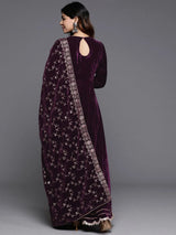 Libas Wine Solid Velvet Anarkali Suit With Dupatta