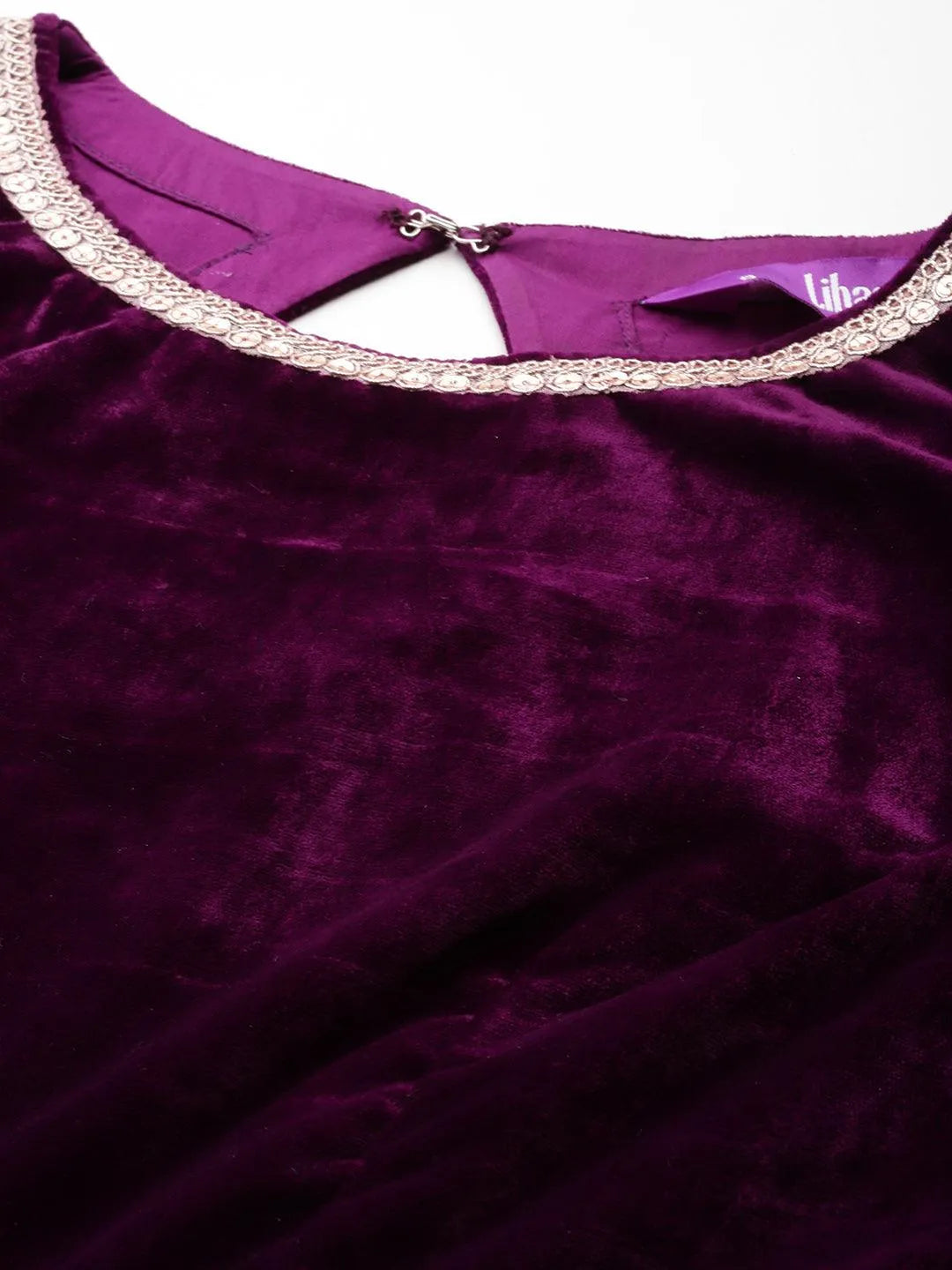 Libas Wine Solid Velvet Anarkali Suit With Dupatta