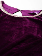 Libas Wine Solid Velvet Anarkali Suit With Dupatta