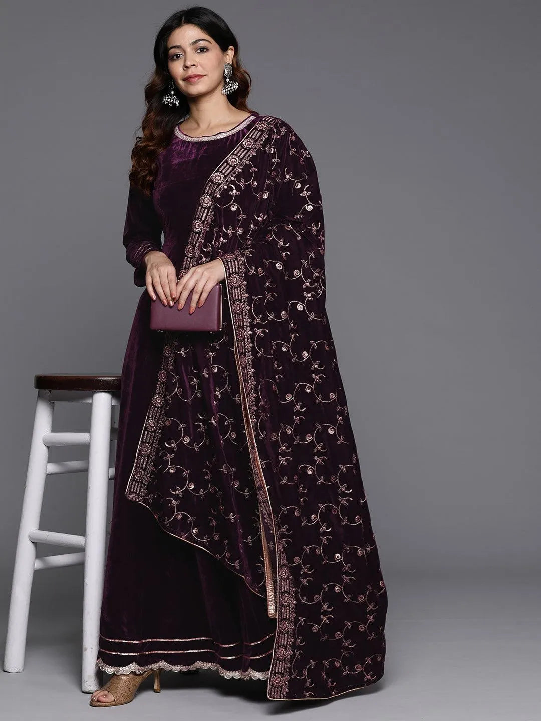 Libas Wine Solid Velvet Anarkali Suit With Dupatta